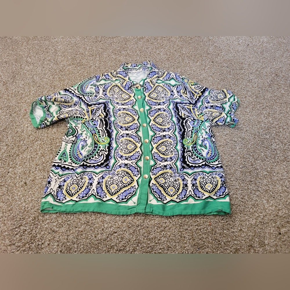 Women's Green blue and white Button Down Haute Hippie Multicolor Patterned Shirt